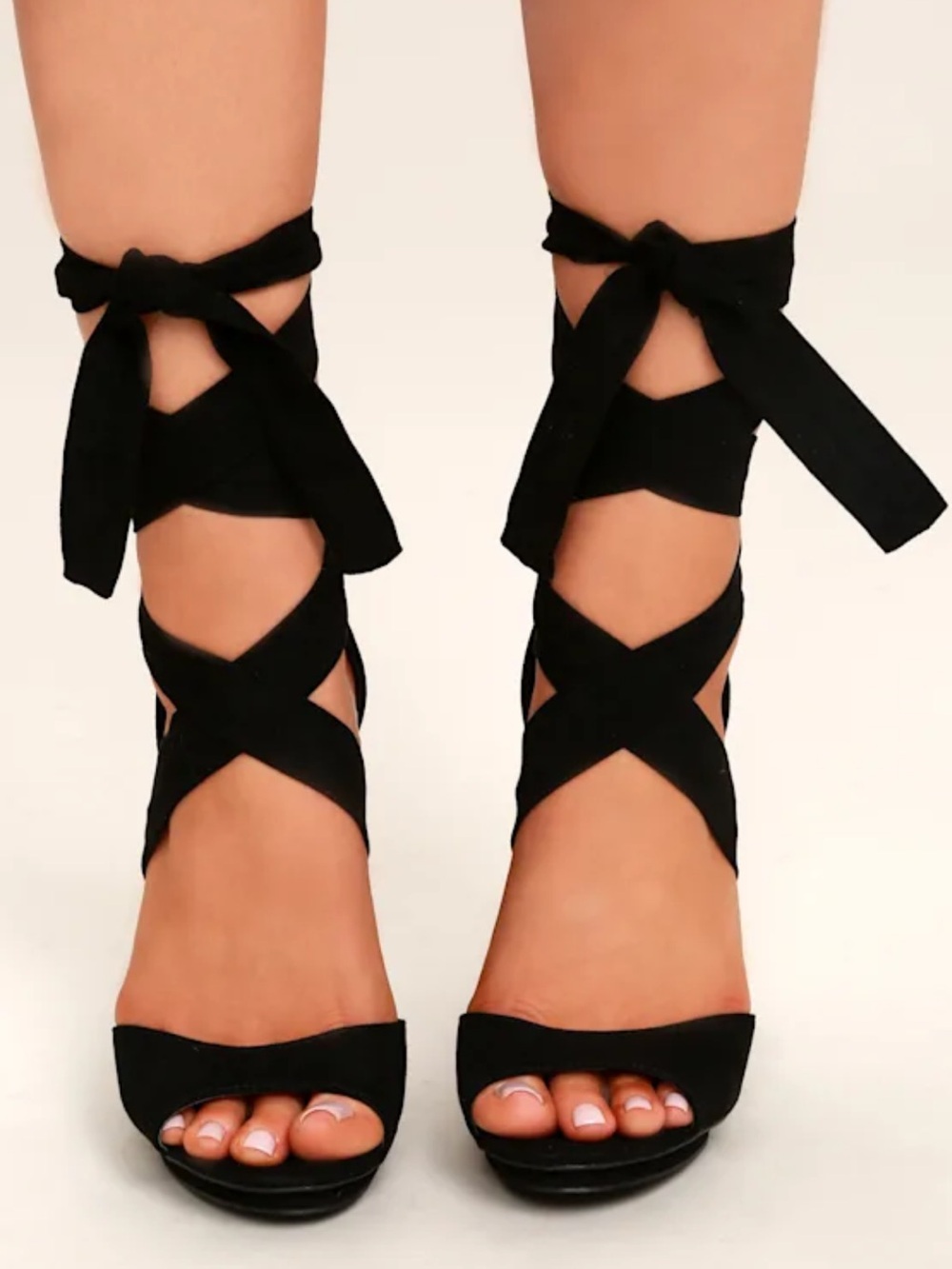 LuLu’s Dorian Black vegan suedeLace-Up Ankle Wrap Women’s Heels